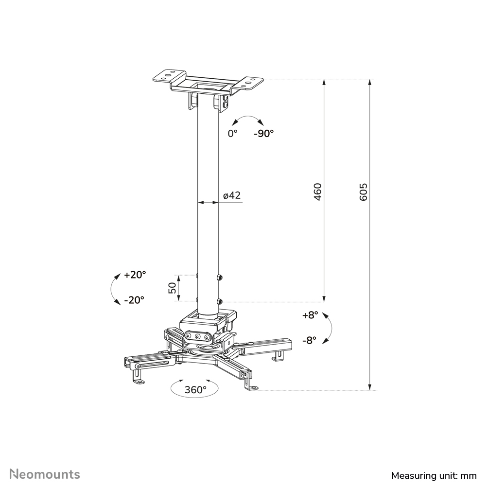 Neomounts CL25-540BL1 Support de plafond pour vidéoprojecteur - h60.5-90.5 cm - installation facile - orientable